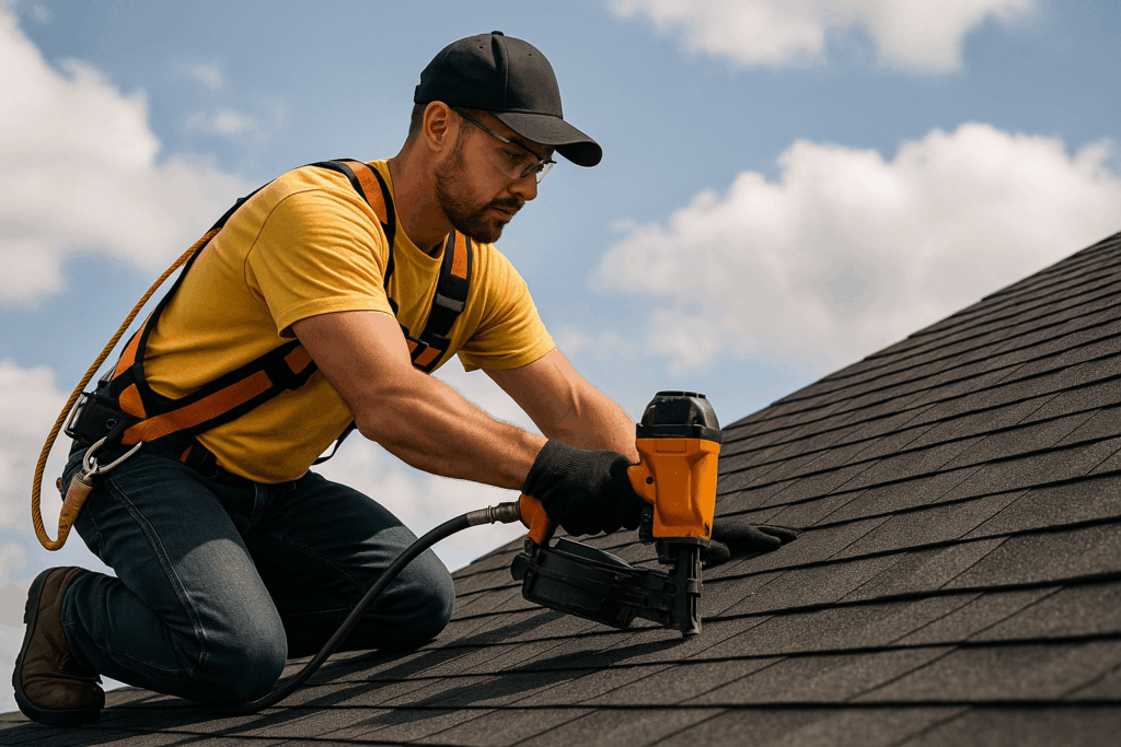 One of the crew, geared up in safety gear, is nailing down shingles with a nail gun on a pitched roof under a partly cloudy sky. - Roofing Allentown PA