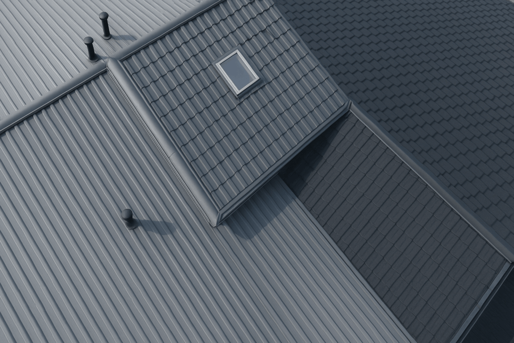 Detailed shot of a roof showing both metal sheeting and tile installs, with a fitted skylight and multiple vent pipe penetrations. - Roofing Allentown PA