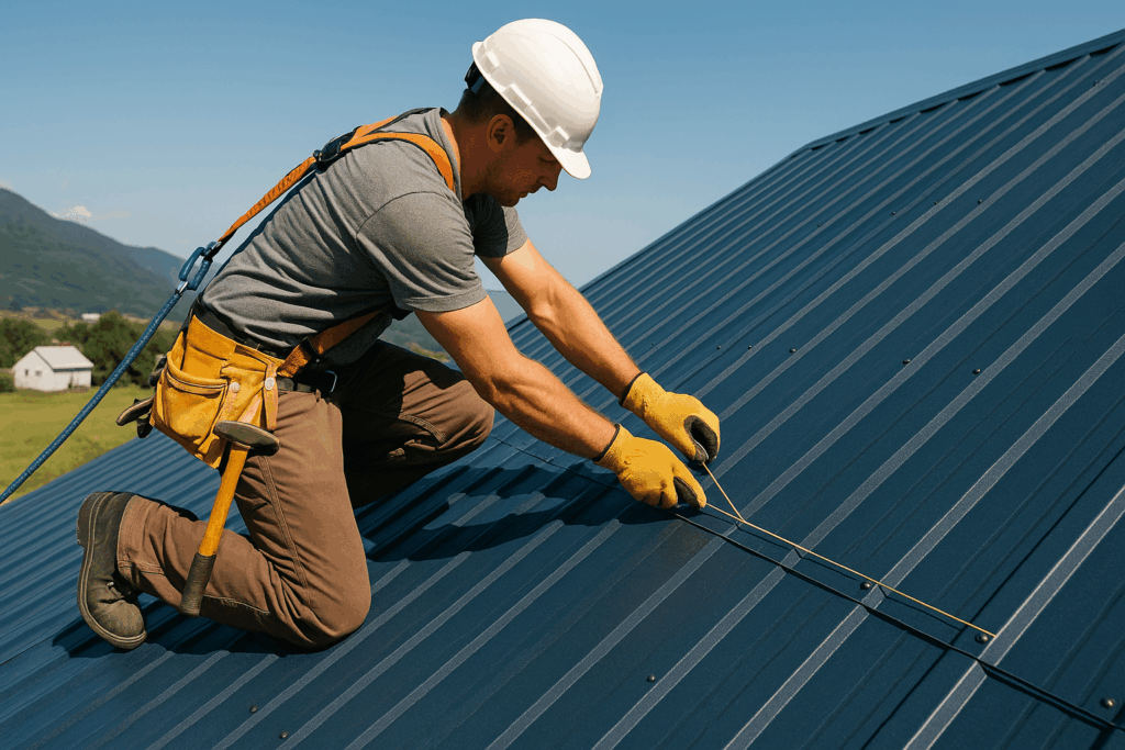 Roofing pro in a white hard hat and yellow gloves kneels on metal roofing, tape measure in hand, lining up a sheet on a sunny day. - Roofing Allentown PA