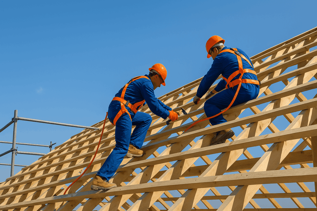 Crew’s got their safety gear on, setting beams tight on a pitched roof frame. Blue workwear, orange lids, bluebird sky overhead. - Roofing Allentown PA