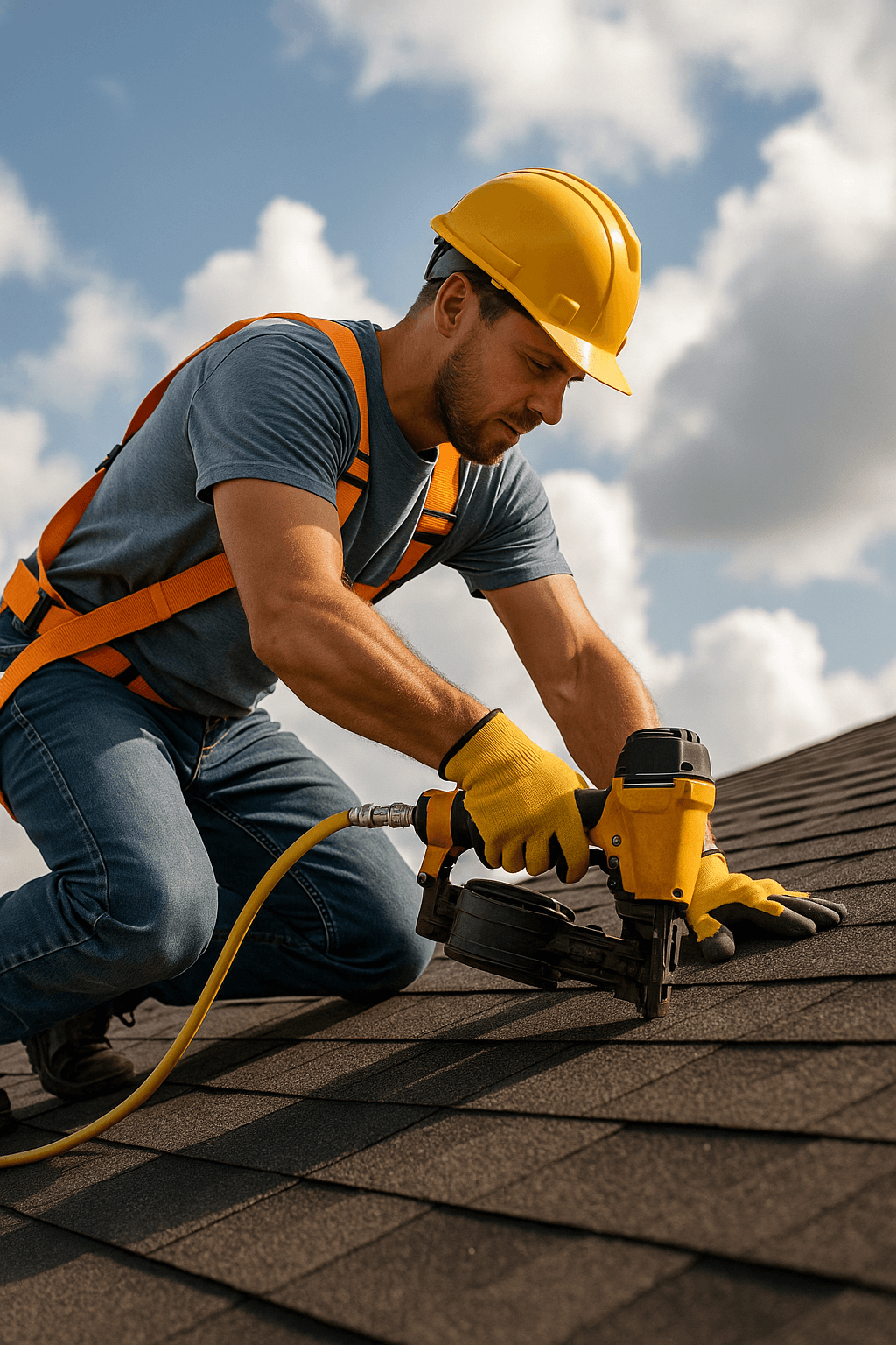 Wearing a yellow hard hat and harness, I’m nailing down shingles with my nail gun up on the roof under a partly cloudy sky. - Roofing Allentown PA