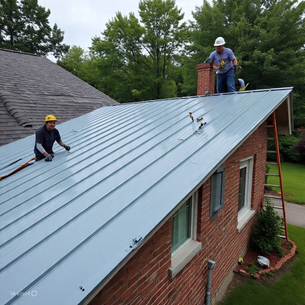 Two roofers in PPE are working on a metal roof atop a brick home, with tools spread out and trees lining the yard below. - Roofing Allentown PA