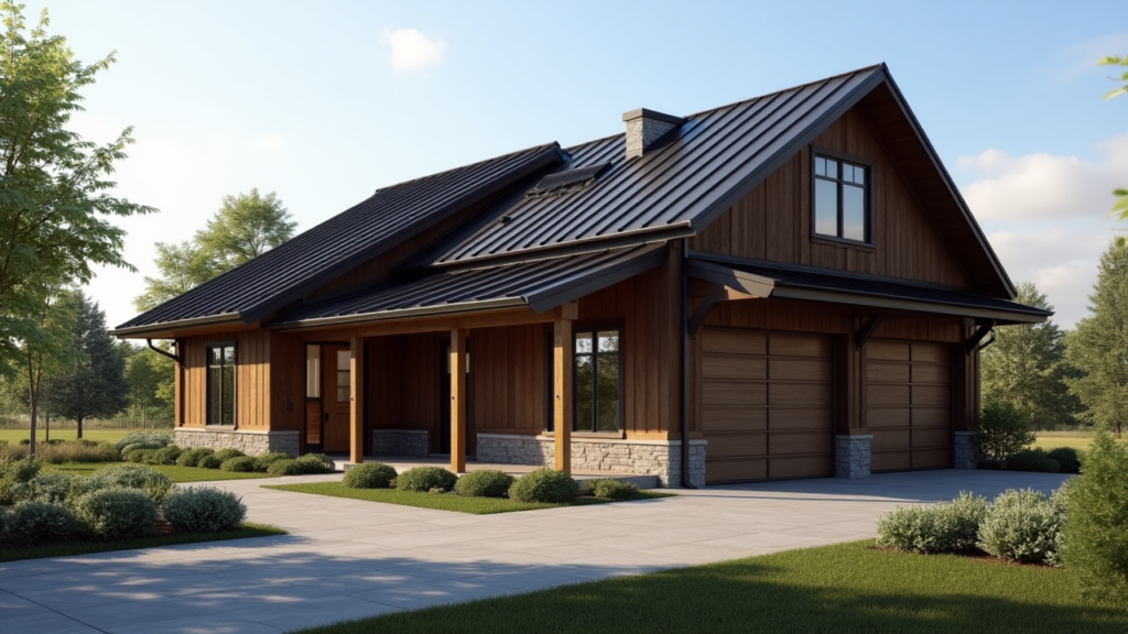 A modern house topped with a durable dark metal roof, featuring large windows, a two-car garage, and a covered porch amid landscaping. - Roofing Allentown PA