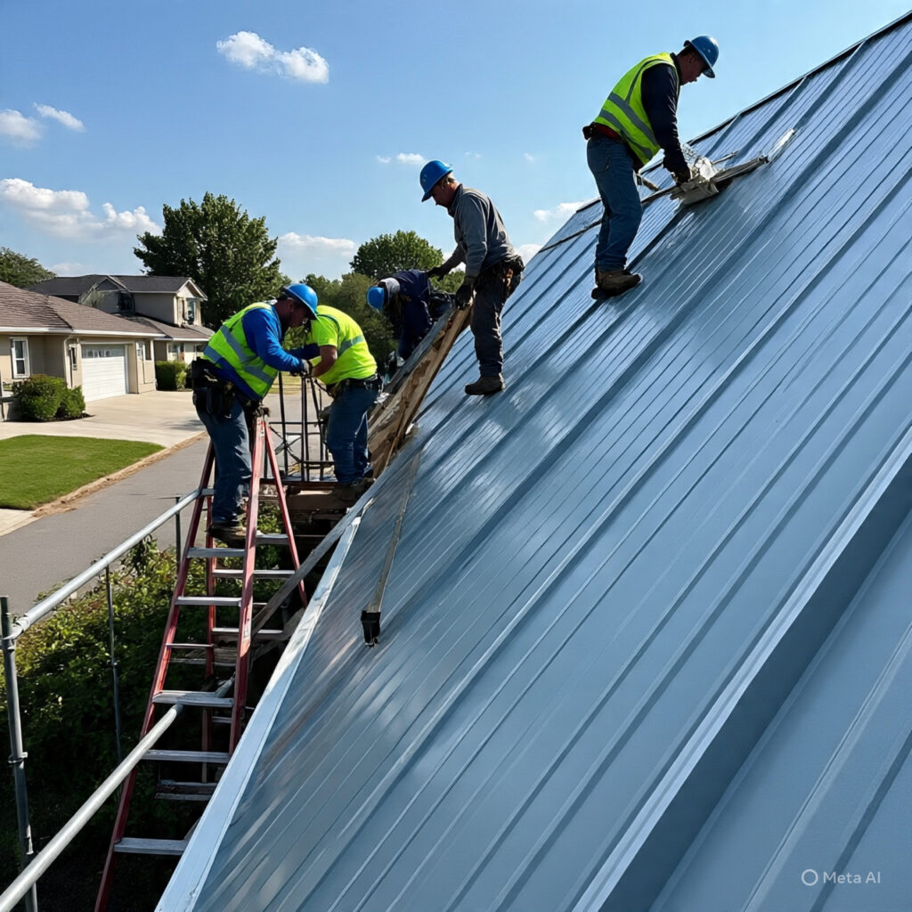 Crew in full safety gear working hard on a steep metal roof, climbing ladders and scaffold, perfect weather for roofing. - Roofing Allentown PA