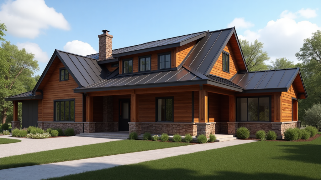 A modern two-story house featuring a durable dark metal roof, wood siding, stone accents, and large windows beneath sturdy eaves. - Roofing Allentown PA