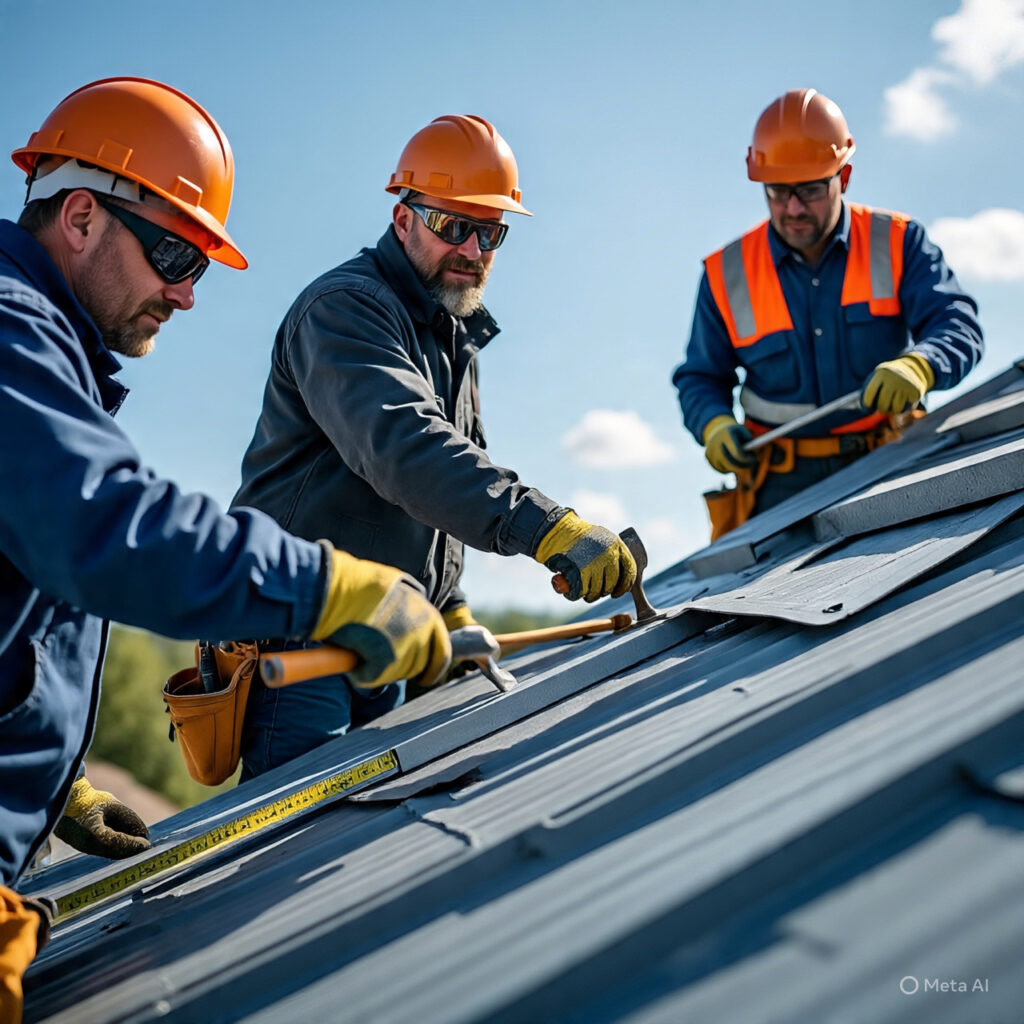 Three roofers in hard hats and gloves setting metal panels on a steep roof—one measuring, two lining up the seams, all geared up. - Roofing Allentown PA