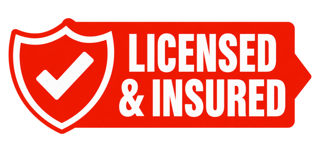 A solid red sign featuring a white checkmark in a shield on the left, with bold white letters next to it that say LICENSED INSURED—just what you want to see when you’re hiring a roofer. - Roofing Allentown PA