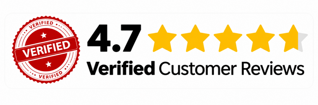 A bold red verified badge sits beside text that says 4.7 Verified Customer Reviews, topped off with five bright yellow stars—solid proof of a top-notch rating, just like a roof built to last. - Roofing Allentown PA